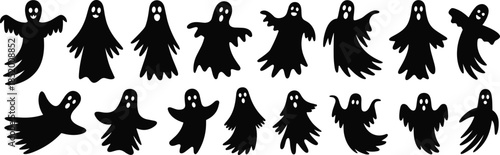 Ghost silhouette vector set, spooky Halloween icons, black cartoon ghosts, scary expressions, haunted theme, horror illustration, supernatural design elements