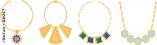 Gold necklace vector set, gemstone pendants, fashion jewelry design, elegant accessories, cartoon style, decorative elements, stylish illustration, luxury concept