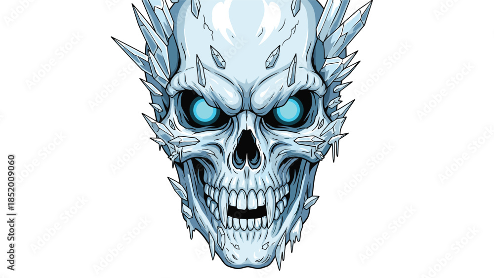 Fototapeta premium Detailed illustration of an evil ice skull with glowing blue eyes, sharp teeth, and a crown of frozen crystal shards.