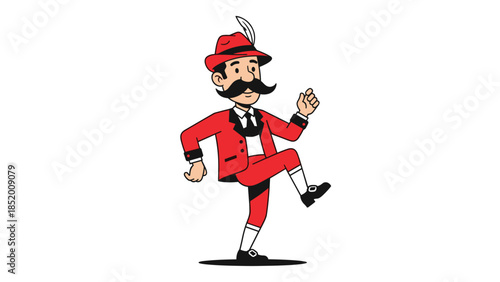Cheerful cartoon mascot of a man with a large mustache wearing a red suit and a traditional Tyrolean hat with a feather.