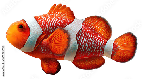 Clownfish's Vivid Portrait: A vibrant clownfish, with its signature orange and white stripes, gracefully floats, showcasing the stunning underwater beauty.