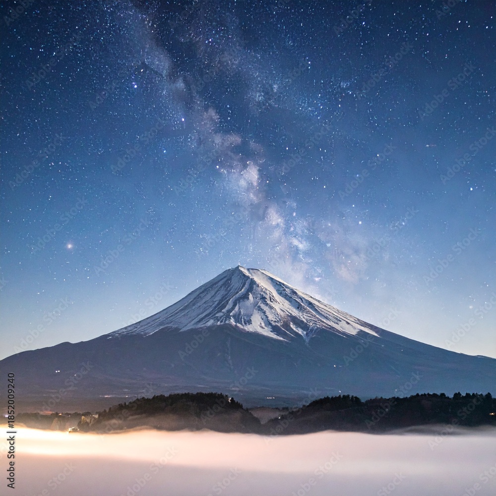 Fototapeta premium 真冬の富士山が月明かりに照らされ、雪に覆われた稜線が青白く輝いている
