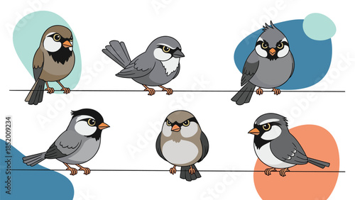 Collection of cute and grumpy cartoon birds with various expressions, perched together on a wire against abstract color spots.