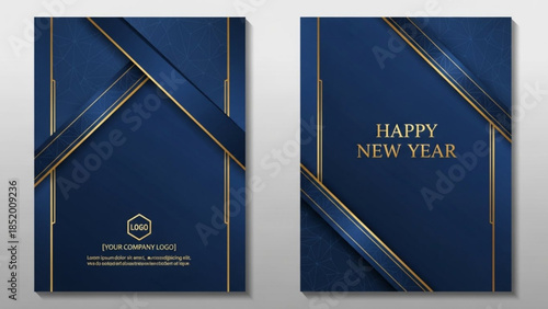 Luxury Happy New Year Greeting Card with Gold Accents on Navy Blue Background