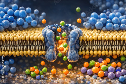 Diffusion transport membrane channel ion depict a cellular lipid bilayer and protein pore guiding colorful molecule through a selective passage conveying scientific curiosity