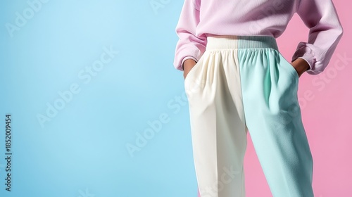 Trendy Pastel Outfit with Sweatshirt and Pants on Colorful Background