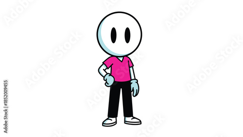 Simple and modern cartoon character with a blank face and oval eyes, wearing a pink shirt and standing with a confident pose.
