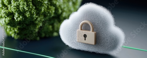 Cloud Storage Concept with Lock Symbol and Green Vegetation Background