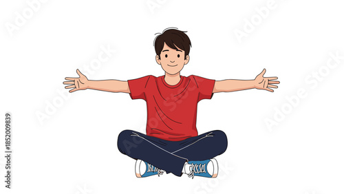 Happy young boy in a red shirt sitting cross-legged on the floor with his arms spread wide open, ready for a hug.
