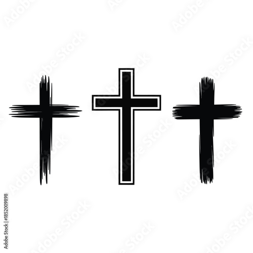 Three black crosses arranged horizontally showcasing varying styles and textures