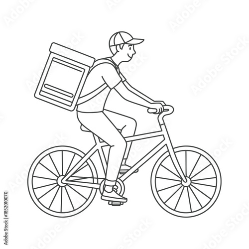 Delivery person riding a bicycle with a large food container