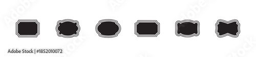 Six decorative empty black shield shapes with double white outlines suitable for crests seals or sophisticated branding elements