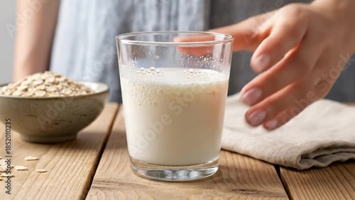 Wallpaper Mural A hand holds a glass of creamy oat milk next to a bowl of oats on a wooden table Torontodigital.ca
