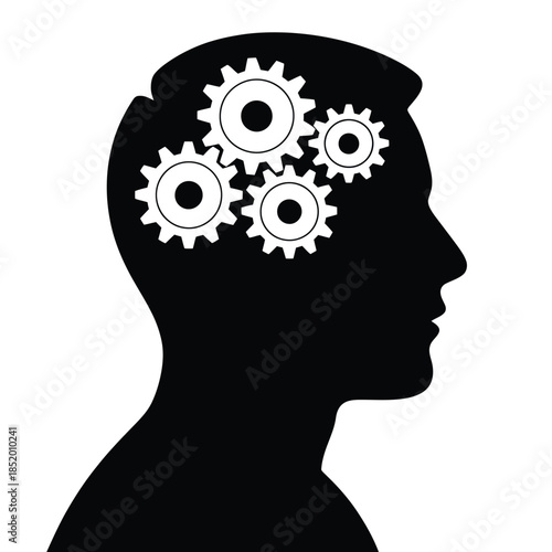 Thinking process depicted with gears inside a human head silhouette