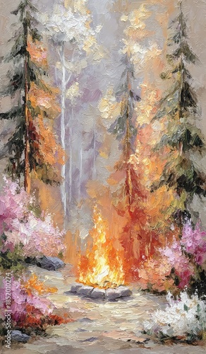 Vibrant Oil Painting of a Campfire in a Lush Autumn Forest