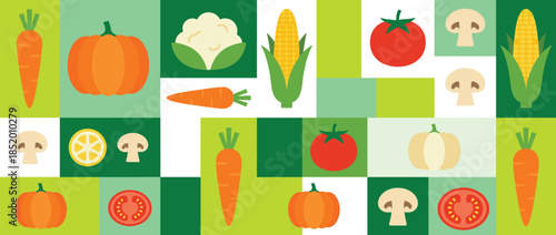 Flat Design Vegetable Pattern with Carrot, Tomato, Corn, Pumpkin, and Mushroom