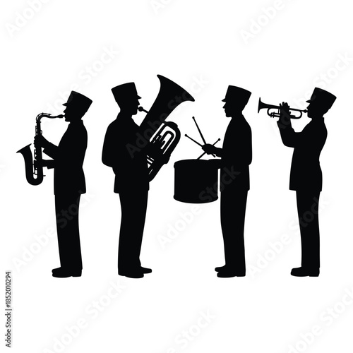 Silhouettes of a jazz band performing with saxophone tuba and trumpet