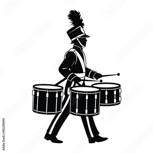 Drum major marching with three drums a classic silhouette illustration