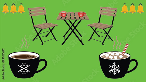 Set of winter cafe furniture icons with hot chocolate mugs marshmallows candy canes and bells on green background