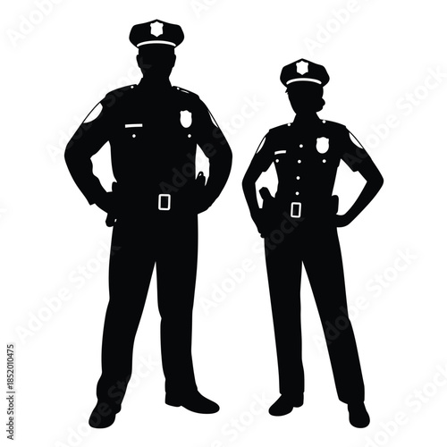 Silhouettes of two police officers a man and a woman standing confidently