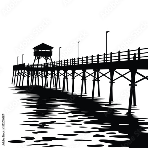 Silhouette of a pier extending into the water with a structure