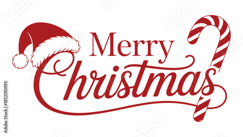  Merry Christmas hand lettering typography with santa hat and candy cane illustration isolated on white background, festive holiday greeting design for cards, banners, posters, prints and branding
