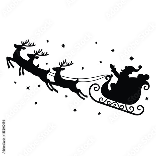 Santa claus and reindeer silhouette flying through a starry winter night