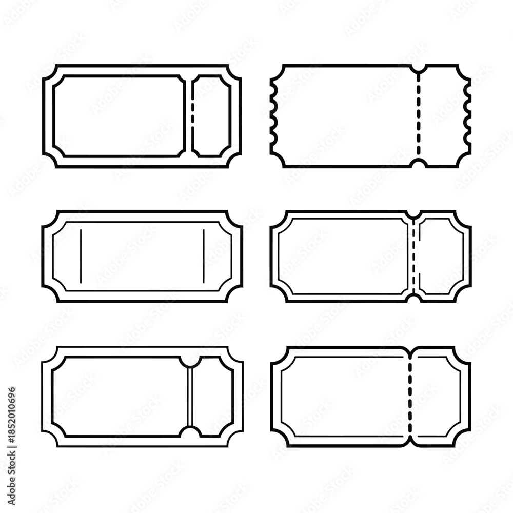 Obraz premium Collection of decorative blank ticket and label frame designs in black outline
