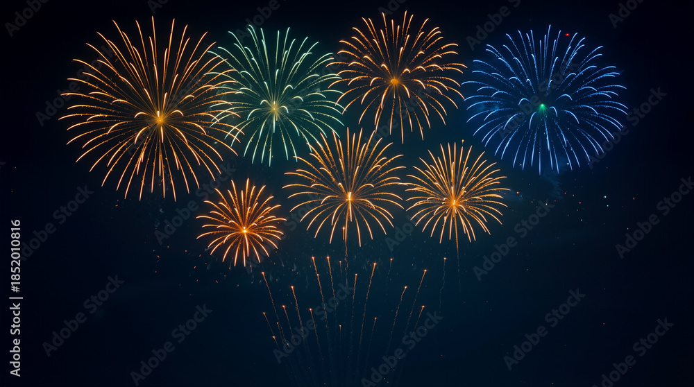 Obraz premium Bright fireworks burst in various colors against the night sky. People gather below to enjoy the spectacle during a festive event. The excitement fills the air as sparks light up the darkness