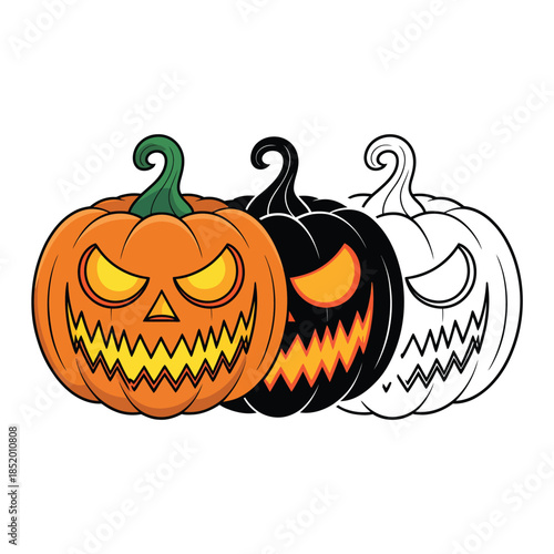Three halloween pumpkins in varying color schemes a festive autumn illustration
