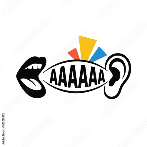 A graphic depiction of a mouth ear and speech bubble with colorful rays
