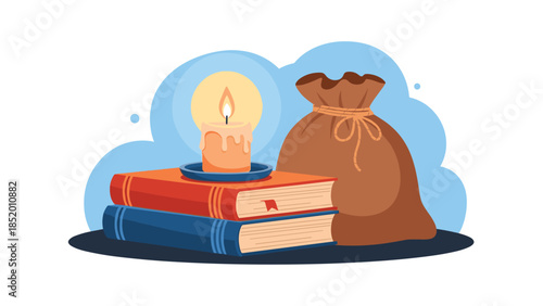 Cozy flat vector illustration featuring a lit candle on a stack of old books next to a rustic sack, symbolizing knowledge.