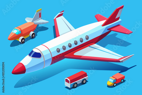 3d airplane. Realistic jet aircraft, plane toy soft render cartoon. Passenger planes front, side and top view flying in blue sky. Vector set for airline and tourism