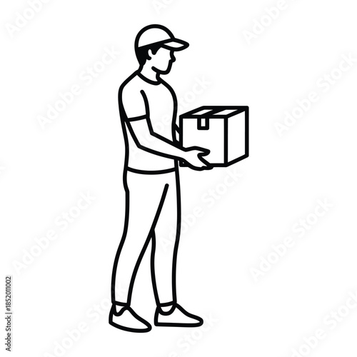 Delivery person carrying a cardboard box simple black and white illustration