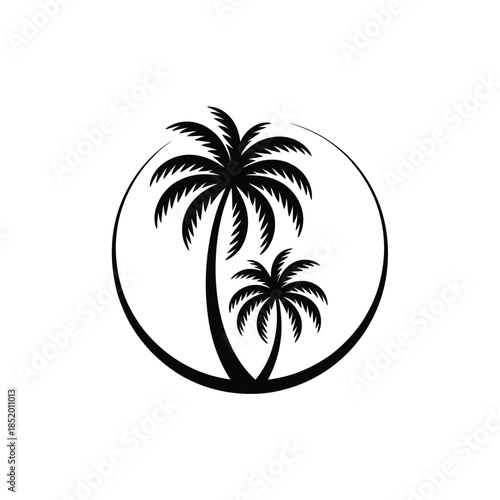 A simple black and white illustration of palm trees in a circle