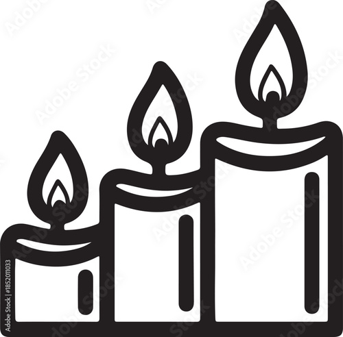 Set of three burning candles line art icon on transparent background