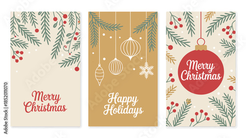  Set of vintage christmas greeting cards with festive typography, ornaments and floral decorations illustration, elegant holiday design collection isolated on light background for prints