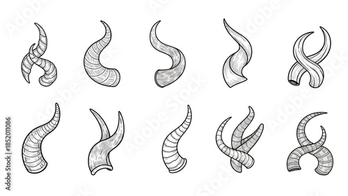 Collection of various animal horns in a black and white vintage engraving style, including goat, ram, and fantasy creature horns.