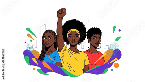 Three empowered black women standing together in solidarity with raised fist against city