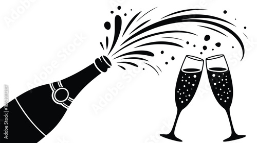  Champagne bottle popping with sparkling wine glasses silhouette illustration isolated on white background, festive celebration design for new year, party events, invitations, banners and posters