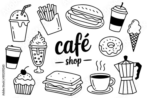 Black-and-white café illustration with food, drinks, and kitchen items