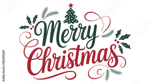  Merry Christmas hand lettering typography with holly leaves and festive decorative elements, colorful holiday greeting illustration isolated on white background for cards, banners and prints