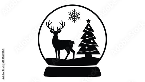  Christmas snow globe silhouette with deer and decorated tree illustration isolated on white background, festive winter holiday decoration design for greeting cards, posters, banners and prints