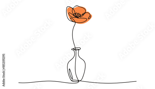Minimalist line drawing of orange flower in vase with curved stem