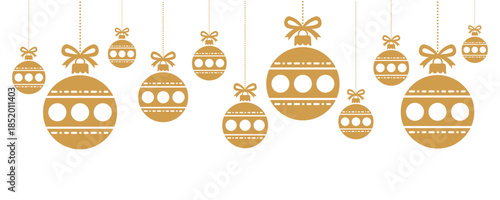 Elegant seamless pattern of golden Christmas baubles with bows hanging on strings over white background, ideal festive border for holiday greeting cards, invitations, banners, wrapping paper.