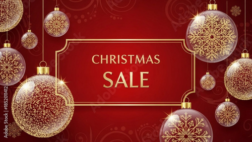 Christmas sale banner with ornate baubles and golden snowflakes festive holiday promotion for retail and e-commerce elegant red background