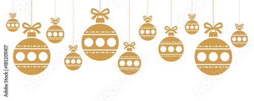 Elegant seamless pattern of golden Christmas baubles with bows hanging on strings over white background, ideal festive border for holiday greeting cards, invitations, banners, wrapping paper.