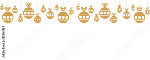 Elegant seamless pattern of golden Christmas baubles with bows hanging on strings over white background, ideal festive border for holiday greeting cards, invitations, banners, wrapping paper.