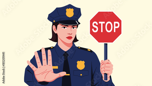 Serious female police officer in uniform holding a red stop sign and raising her hand to control traffic or halt action.