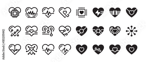 Digital health monitoring icons set of technology integrated heart shapes and medical concepts